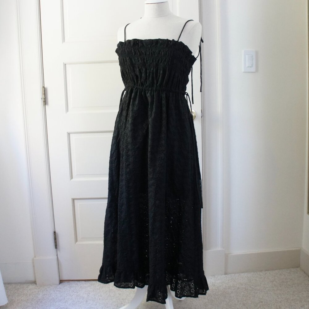 Mango Black Eyelet Smocked Square Neck Tie Shoulder Midi Dress Size Large NWT